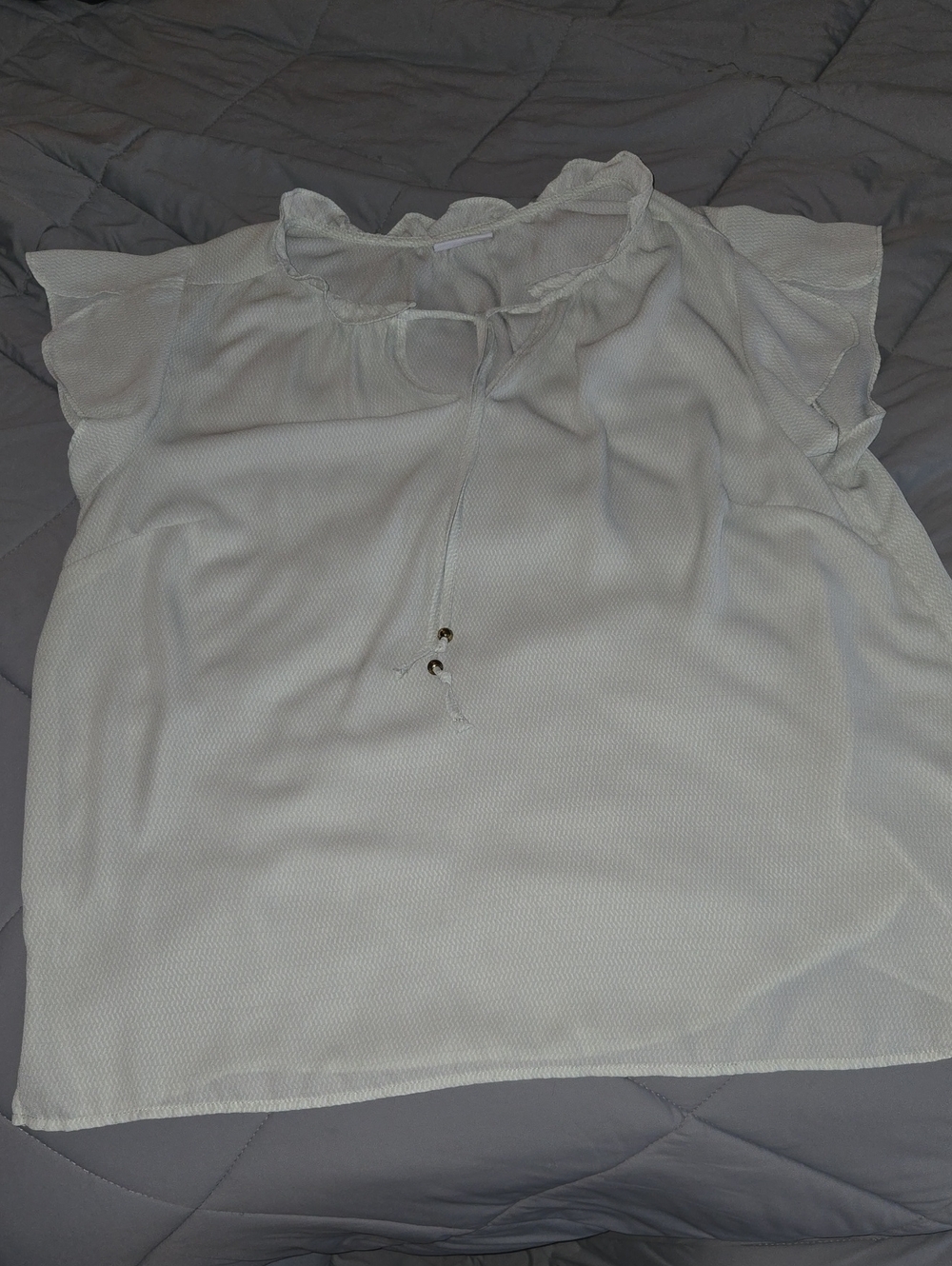Liz Claiborne Light Gray Ruffle Tie-Neck Flutter Sleeve Top